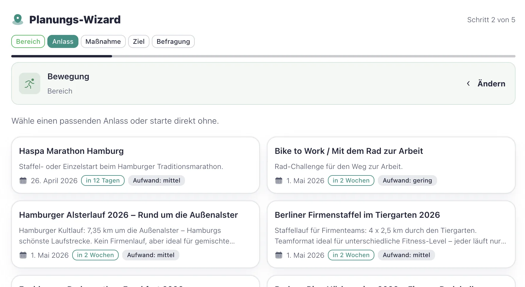 Planungs-Wizard Schritt 2 – Anlass wählen